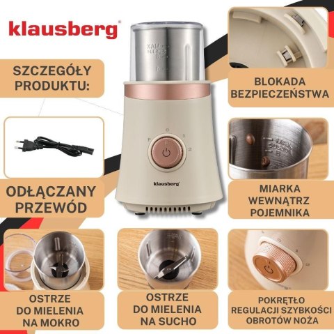 Elektryczny młynek 2w1 do kawy i przypraw, beżowy, klausberg, kb-7993