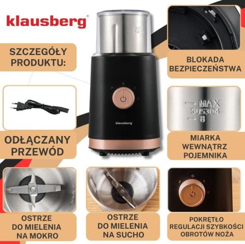 Elektryczny młynek 2w1 do kawy i przypraw, czarny, klausberg, kb-7992