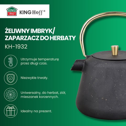 Imbryk żeliwny z sitkiem, emaliowane wnętrze, 1l, czarny z brokatem, złote elementy, kinghoff, kh-1932