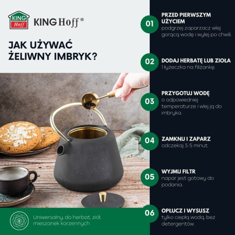 Imbryk żeliwny z sitkiem, emaliowane wnętrze, 1l, czarny z brokatem, złote elementy, kinghoff, kh-1932