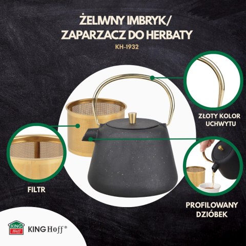 Imbryk żeliwny z sitkiem, emaliowane wnętrze, 1l, czarny z brokatem, złote elementy, kinghoff, kh-1932