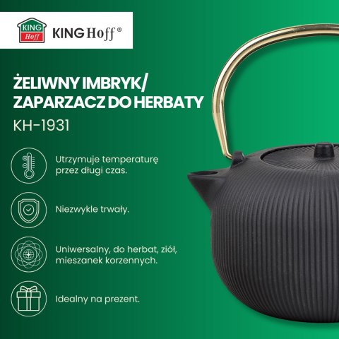 Imbryk żeliwny z sitkiem, emaliowane wnętrze, 1l, czarny ze złotym uchwytem, kinghoff, kh-1931
