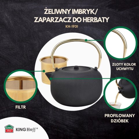 Imbryk żeliwny z sitkiem, emaliowane wnętrze, 1l, czarny ze złotym uchwytem, kinghoff, kh-1931