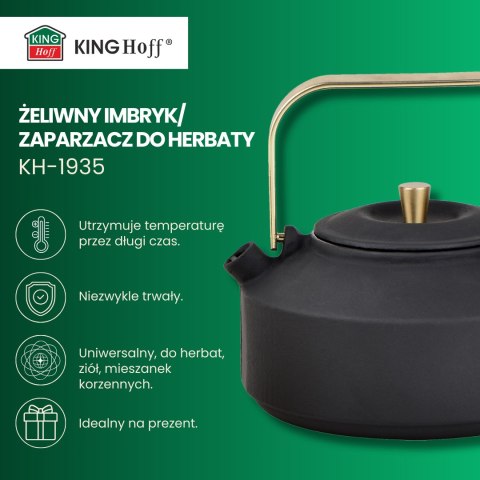 Imbryk żeliwny z sitkiem, emaliowane wnętrze, 1l, czarny ze złotymi elementami, kinghoff, kh-1935