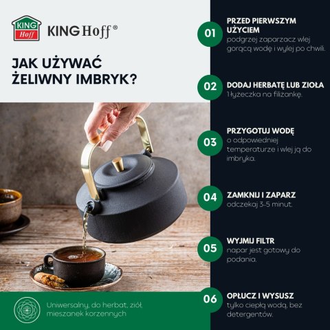 Imbryk żeliwny z sitkiem, emaliowane wnętrze, 1l, czarny ze złotymi elementami, kinghoff, kh-1935