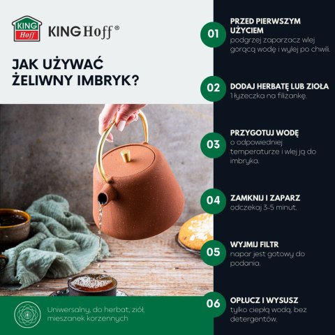 Imbryk żeliwny z sitkiem, emaliowane wnętrze, 1l, rdzawy z brokatem, złote elementy, kinghoff, kh-1934