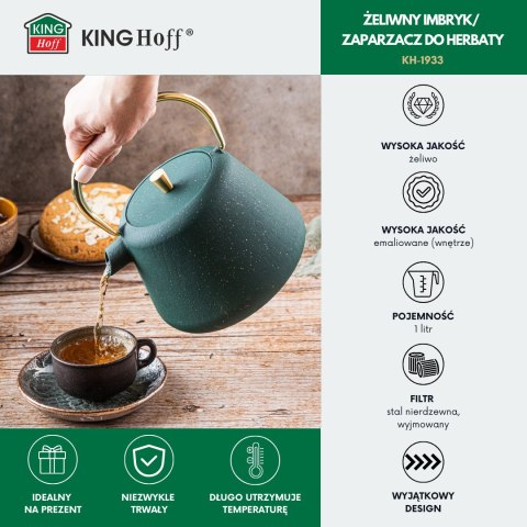 Imbryk żeliwny z sitkiem, emaliowane wnętrze, 1l, zielony z brokatem, złote elementy, kinghoff, kh-1933