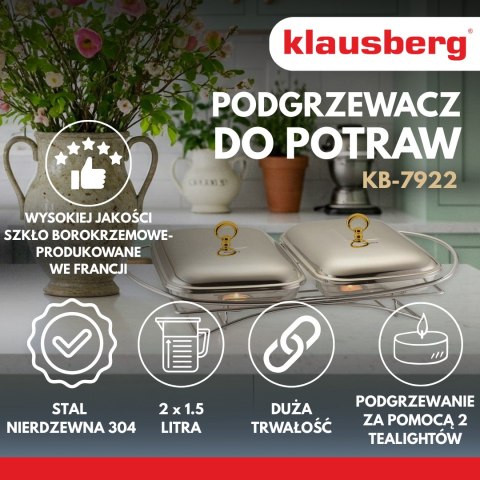 Podgrzewacz do potraw, szkło + stal nierdzewna, 2x1,5l, klausberg, kb-7922