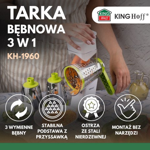 Tarka bębnowa obrotowa 3 w 1, zielony, z 3 wymiennymi bębnami ze stali nierdzewnej, kinghoff, kh-1960
