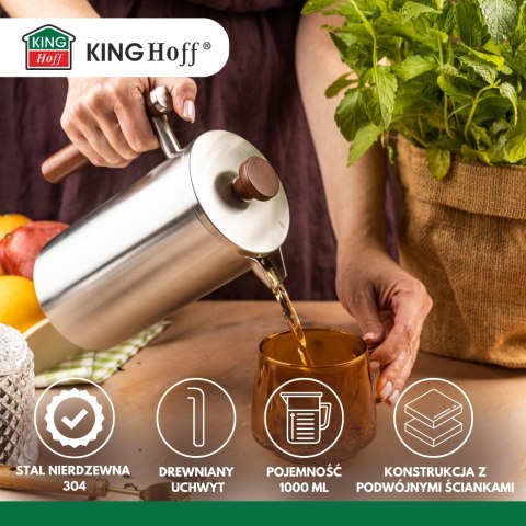 Zaparzacz, french press, 1l, podwójne ścianki, drewniany uchwyt
