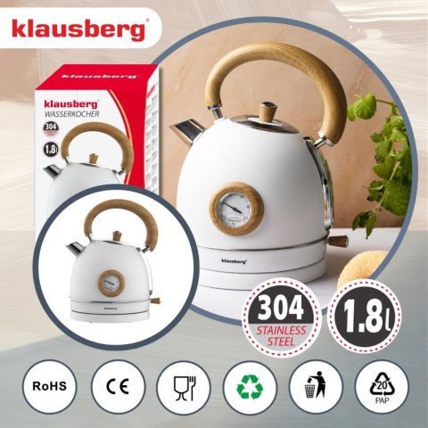 Czajnik elektryczny z termometrem, stal nierdzewna, bialy z drewnem, 1,8l, 1850-2200w, klausberg, kb-9007