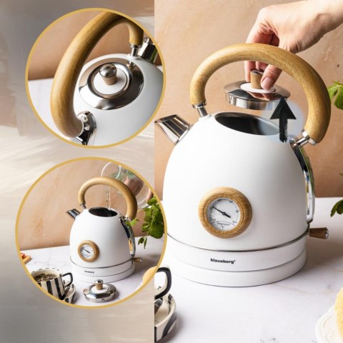 Czajnik elektryczny z termometrem, stal nierdzewna, bialy z drewnem, 1,8l, 1850-2200w, klausberg, kb-9007