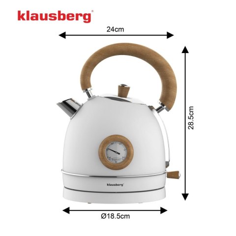 Czajnik elektryczny z termometrem, stal nierdzewna, bialy z drewnem, 1,8l, 1850-2200w, klausberg, kb-9007