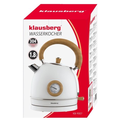 Czajnik elektryczny z termometrem, stal nierdzewna, bialy z drewnem, 1,8l, 1850-2200w, klausberg, kb-9007