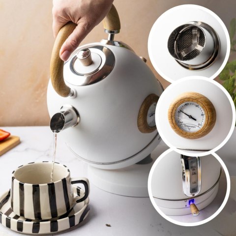 Czajnik elektryczny z termometrem, stal nierdzewna, bialy z drewnem, 1,8l, 1850-2200w, klausberg, kb-9007