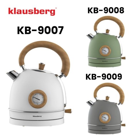 Czajnik elektryczny z termometrem, stal nierdzewna, bialy z drewnem, 1,8l, 1850-2200w, klausberg, kb-9007