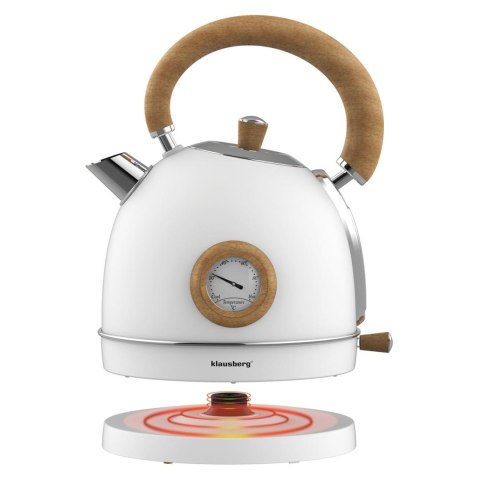 Czajnik elektryczny z termometrem, stal nierdzewna, bialy z drewnem, 1,8l, 1850-2200w, klausberg, kb-9007