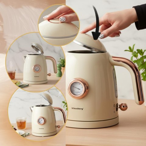 Czajnik elektryczny z termometrem, stal nierdzewna, kremowy, 1,0l, 1200w, klausberg, kb-9018