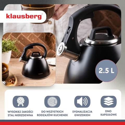 Czajnik stalowy 2,5 l czarny mat z uchwytem soft-touch, klausberg kb-7952