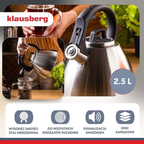 Czajnik stalowy 2,5 l z gwizdkiem i uchwytem soft-touch, klausberg kb-7951