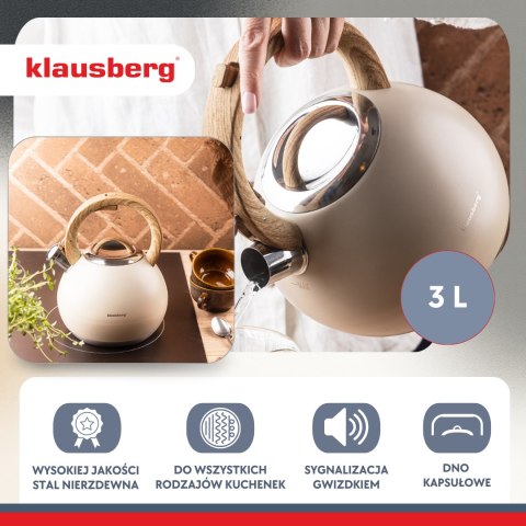 Czajnik stalowy 3 l beżowy mat z uchwytem drewnopodobnym, klausberg kb-7956