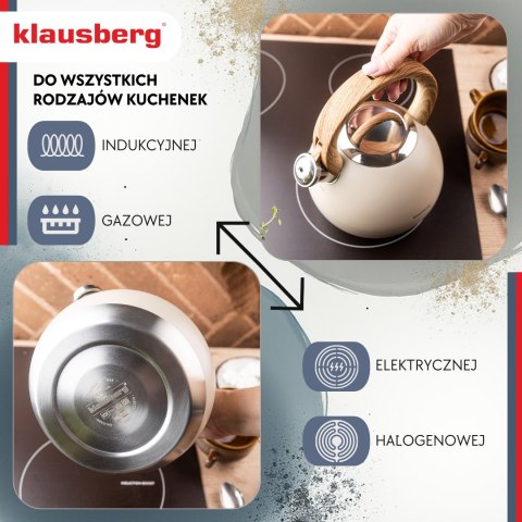 Czajnik stalowy 3 l beżowy mat z uchwytem drewnopodobnym, klausberg kb-7956