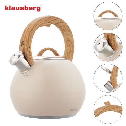Czajnik stalowy 3 l beżowy mat z uchwytem drewnopodobnym, klausberg kb-7956