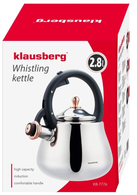 Czajnik ze stali nierdzewnej z gwizdkiem, srebrny z elementami różowego złota, pojemność 2,8l, klausberg, kb-7776