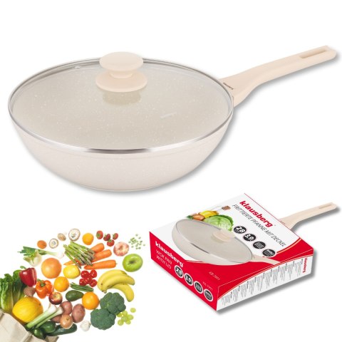 Patelnia wok marmurowa 28 cm kremowa z pokrywką, klausberg kb-7991