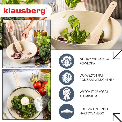 Patelnia wok marmurowa 28 cm kremowa z pokrywką, klausberg kb-7991