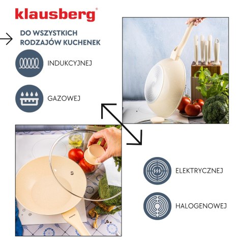 Patelnia wok marmurowa 28 cm kremowa z pokrywką, klausberg kb-7991