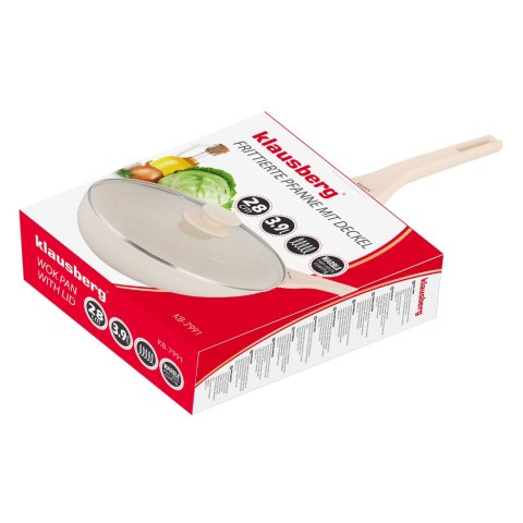 Patelnia wok marmurowa 28 cm kremowa z pokrywką, klausberg kb-7991