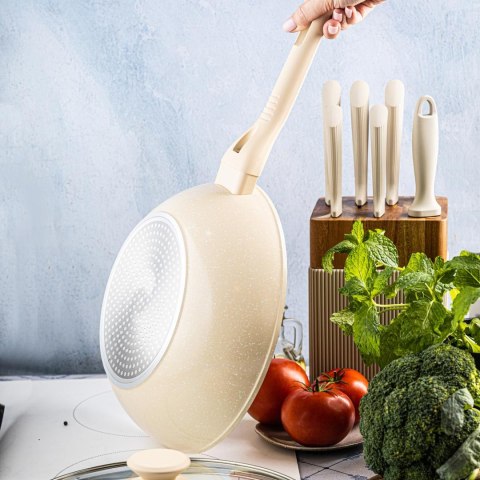 Patelnia wok marmurowa 28 cm kremowa z pokrywką, klausberg kb-7991