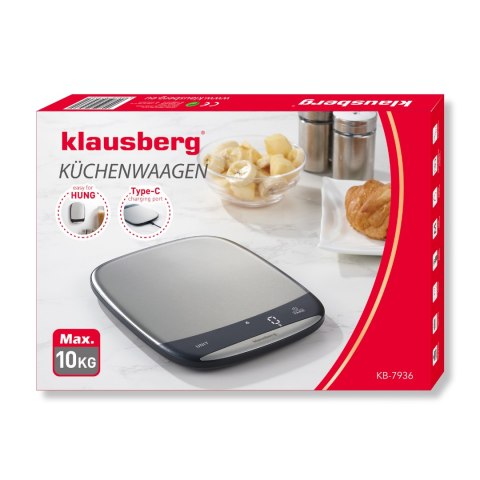 Waga kuchenna led, 10 kg dokładność 1 g, usb-c, tarowanie, klausberg