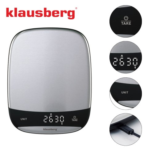 Waga kuchenna led, 10 kg dokładność 1 g, usb-c, tarowanie, klausberg
