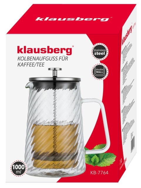 Zaparzacz tłokowy do kawy/herbaty, szkło, 1l, klausberg, kb-7764