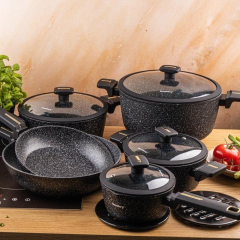 Zestaw garnków 12-elementowy z patelnią wok, aluminium odlewane, marmurowa powłoka nieprzywierająca, czarny, klausberg, kb-7968