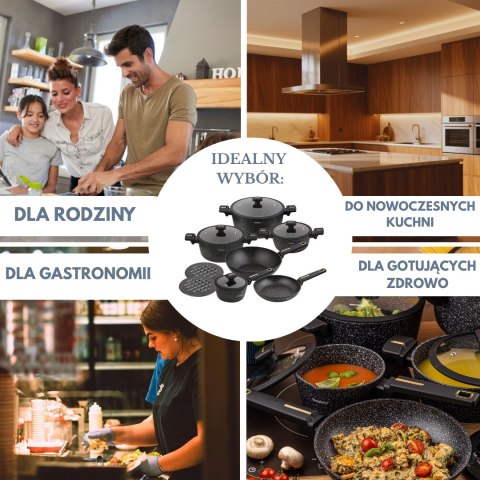 Zestaw garnków 12-elementowy z patelnią wok, aluminium odlewane, marmurowa powłoka nieprzywierająca, czarny, klausberg, kb-7968