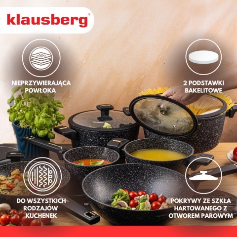 Zestaw garnków 12-elementowy z patelnią wok, aluminium odlewane, marmurowa powłoka nieprzywierająca, czarny, klausberg, kb-7968