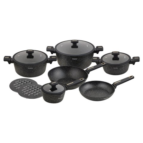 Zestaw garnków 12-elementowy z patelnią wok, aluminium odlewane, marmurowa powłoka nieprzywierająca, czarny, klausberg, kb-7968