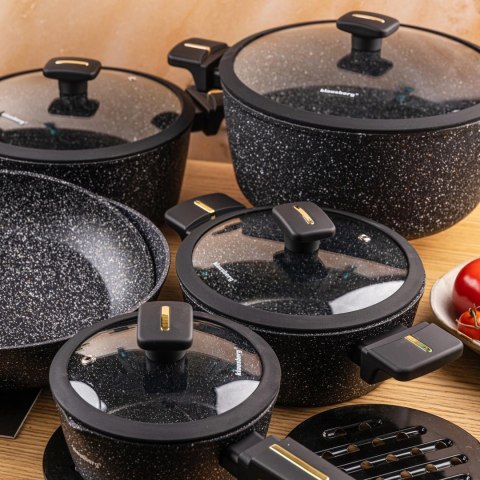 Zestaw garnków 12-elementowy z patelnią wok, aluminium odlewane, marmurowa powłoka nieprzywierająca, czarny, klausberg, kb-7968