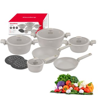 Zestaw garnków 12-elementowy z patelnią wok, aluminium odlewane, powłoka nieprzywierająca, beżowy, klausberg, kb-7969