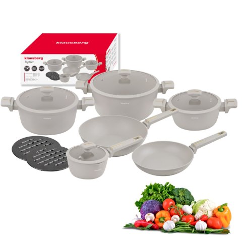 Zestaw garnków 12-elementowy z patelnią wok, aluminium odlewane, powłoka nieprzywierająca, beżowy, klausberg, kb-7969