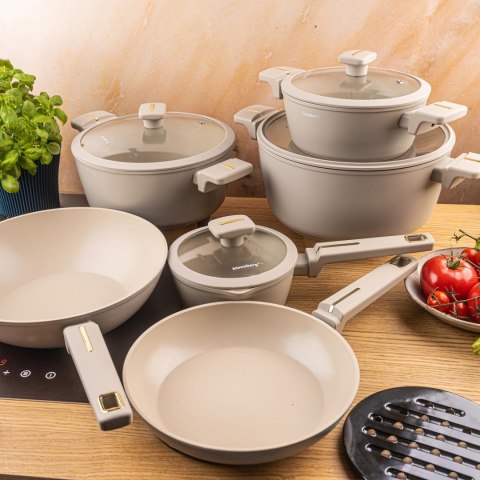 Zestaw garnków 12-elementowy z patelnią wok, aluminium odlewane, powłoka nieprzywierająca, beżowy, klausberg, kb-7969