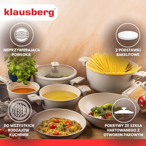 Zestaw garnków 12-elementowy z patelnią wok, aluminium odlewane, powłoka nieprzywierająca, beżowy, klausberg, kb-7969