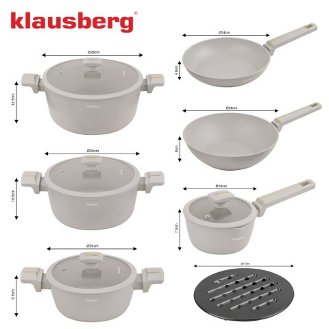 Zestaw garnków 12-elementowy z patelnią wok, aluminium odlewane, powłoka nieprzywierająca, beżowy, klausberg, kb-7969