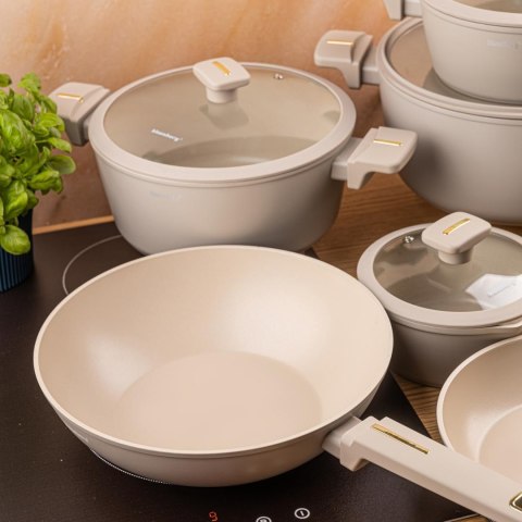 Zestaw garnków 12-elementowy z patelnią wok, aluminium odlewane, powłoka nieprzywierająca, beżowy, klausberg, kb-7969