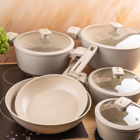 Zestaw garnków 12-elementowy z patelnią wok, aluminium odlewane, powłoka nieprzywierająca, beżowy, klausberg, kb-7969