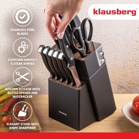 Zestaw noży 13 el. z ostrzałką i stojakiem, stal nierdzewna, klausberg, kb-7985