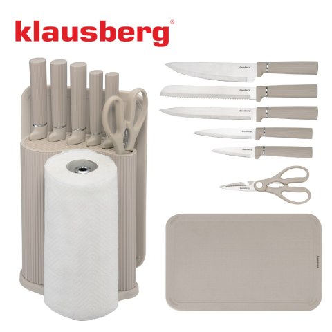 Zestaw noży 8 el. z deską i uchwytem na ręcznik, beżowy, klausberg, kb-7978